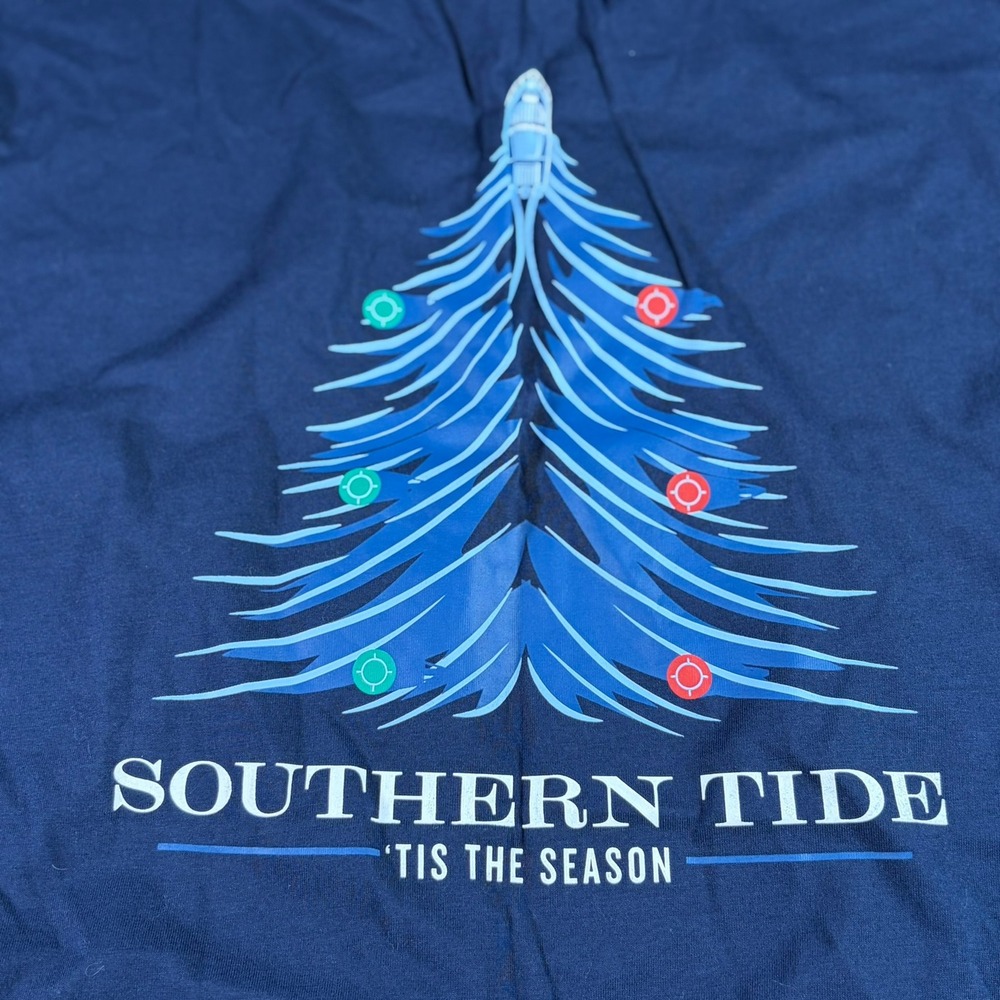 Southern Tide Mens True Navy Holiday Waves Tree Tee Long Sleeve Pocket M NEW